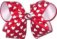 Large White Hearts on Red over White Double Layer Overlay Bow